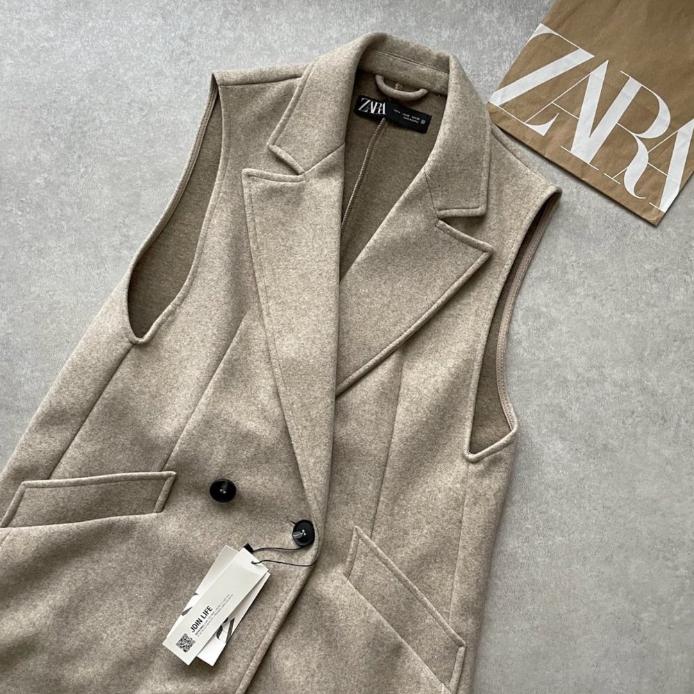 ZARA TAN LONG SLEEVELESS VEST WAISTCOAT COAT $149 - Picture 3 of 4